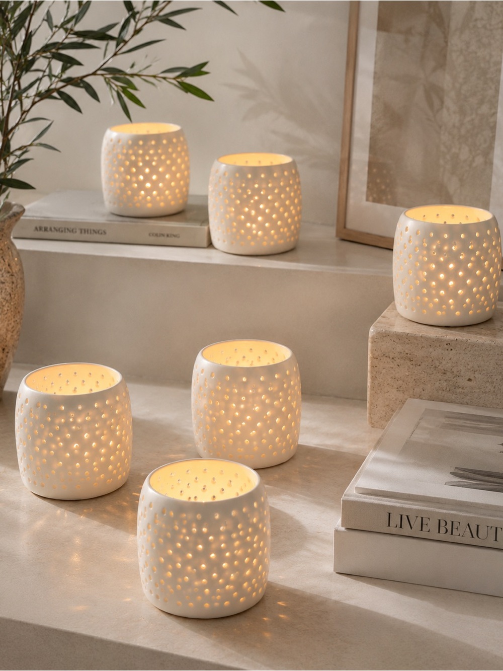 Vtg ILLUMINATIONS 6-pcs Dot Votive Candleholders|Pierced Porcelain #0701261